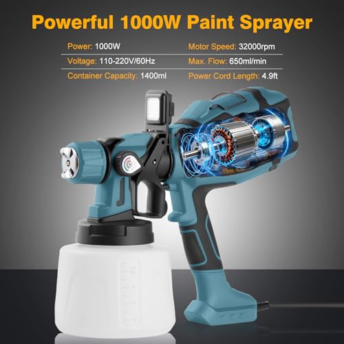 Image of Paint Sprayer, 1000W HVLP Spray Gun for Stain & Furniture, Blue | 1400ML sprayer with 3 brass nozzles, 3 patterns, adjustable flow, dust blowing head and easy-clean adapter