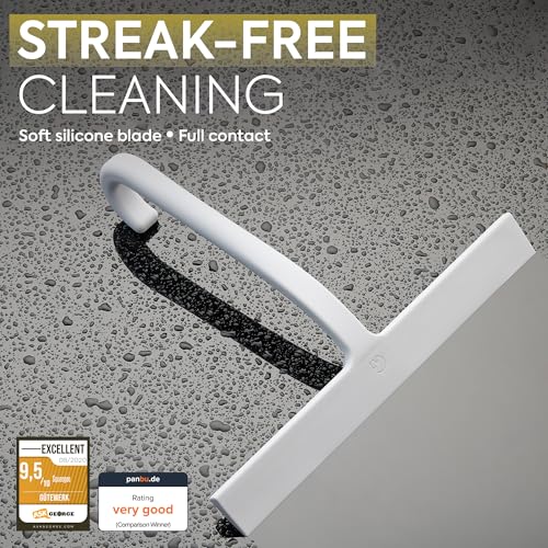 Image of GUTEWERK Shower Squeegee for Glass Doors - Bathroom Squeegee for Shower Glass & Tile Walls, Streak-Free & No-Squeak Silicone Blade, Stainless Steel Core, Hang Hook + Suction Cup, White, 10 Inch