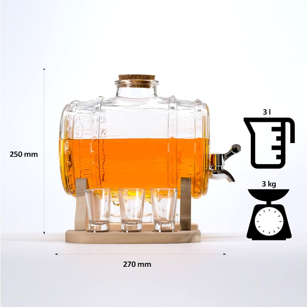 Getränkespender Fass mit Zapfhahn (3L) inkl. 6 Gläser - Fassförmiger Getränkespender Aus Glas - Schnapsspender - Schnaps Spender mit Holzständer - Wasserspender mit Hahn