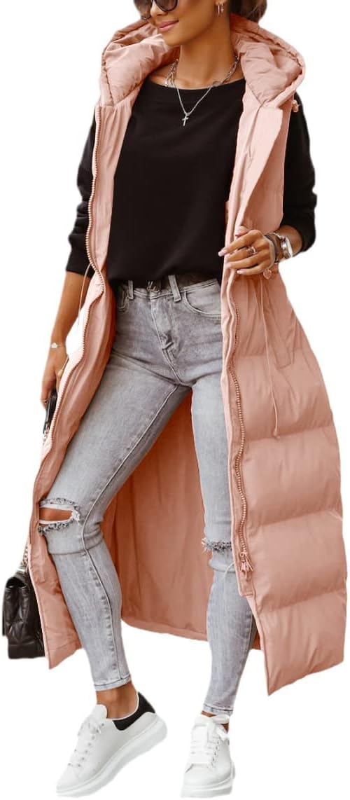 Tankaneo Women's Long Quilted Vest Outerwear Hooded Maxi Length Sleeveless Puffer Vest Full-zip Cotton Padded Coat