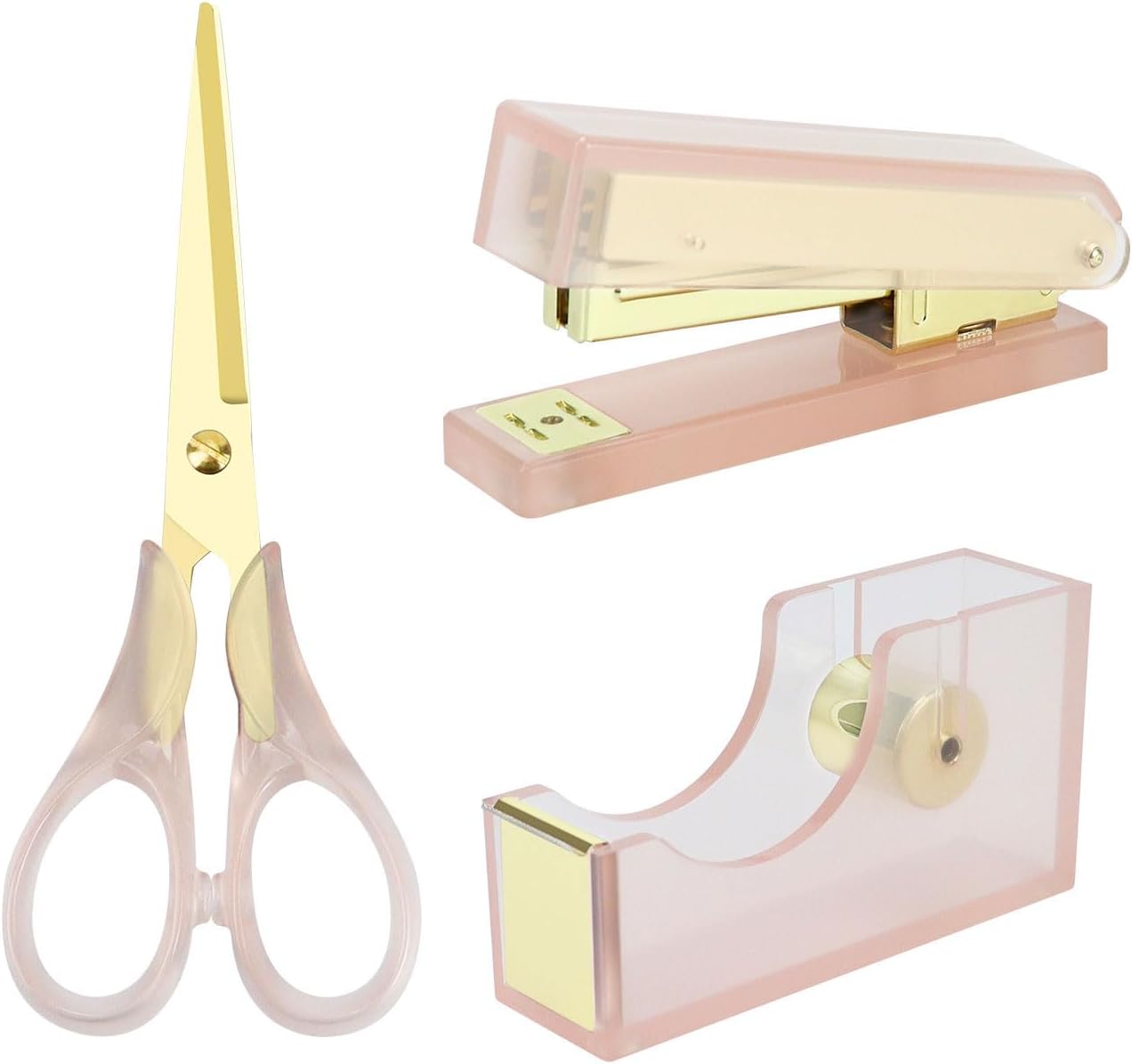 Stapler Tape Dispenser Scissors Set Acrylic Pink and Gold