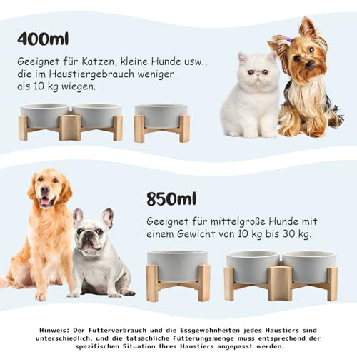 SPUNKYJUNKY 15° Kippbare Keramik Hundenapf mit Holzständer Futter und Wassernapf rutschfest für Hunde und Katzen mit Flachen Gesichtern Kleinen und Mittelgroßen Hunden (400ml × 2, Grau)