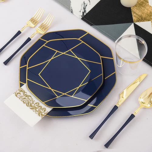 Pulote 140Pcs Blue Plastic Plates With Gold Rim - Include 20Dinner Pates 20Dessert Plates 60 Gold Plastic Cutlery 20Cups 20Napkins - Octagonal Gold Plastic Plates For Wedding&Party #TOP4