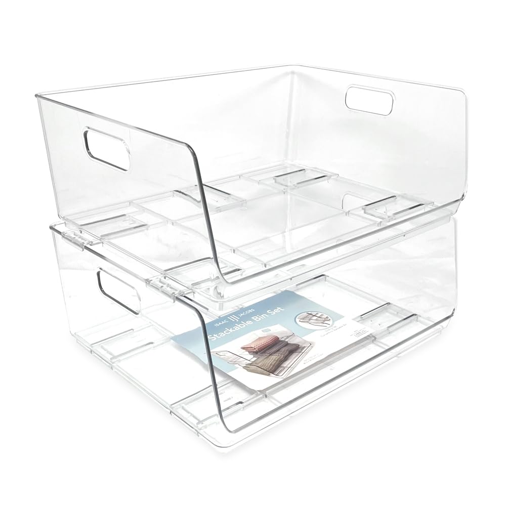 Isaac Jacobs 2-Piece (16" x 12" x 6.1") X-Large Wide Stackable Clear Storage Bins w/Open Front, Versatile Use, Set of 2, Desk, Office, Bathroom, Bedroom, Closet