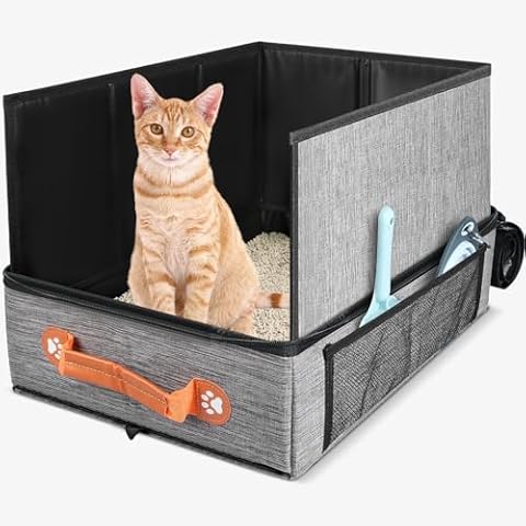 17.7*13.5*13.75" Large Travel Litter Box for Cats, Collapsible Cat Litter Box with Lid, Portable Cat Box with Zipper & Hard Bottom, Leak-Proof Kitty Litter Box for Car Hotel Airplane, Water-Resistant Cover