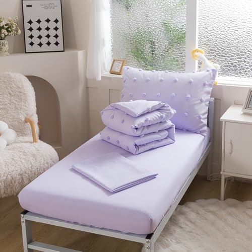 Image of Caressma 5 Pieces Tufted Comforter Set Bed-in-a-Bag for Kids with Lovely Purple Pompom On The Comforter.Includes Comforter,Fitted Sheet,Flat Sheet,Pillow Case & Pillow Shame for All Seasons