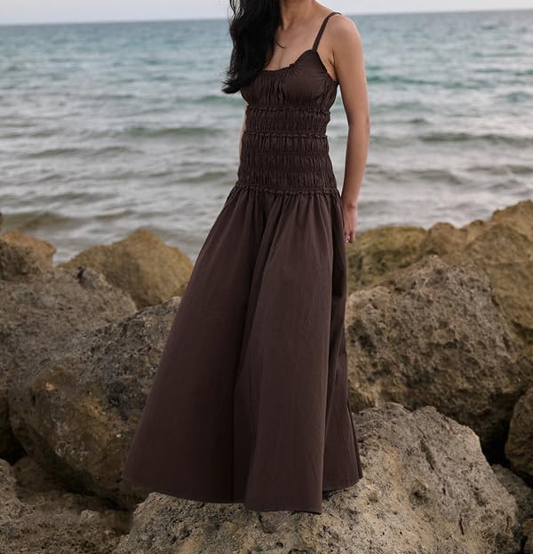 Womens Summer Spaghetti Strap Maxi Dress Scoop Neck Ruched Flowy Long Dresses Casual Sleeveless Cotton Sundress - Image 5