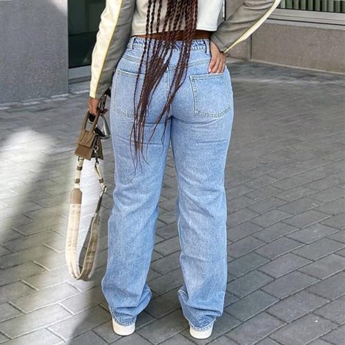 Women's Mid Waisted Straight Wide Leg Jeans Loose Fit Boyfriend Tummy Control Trendy Denim Pants with Pocket2