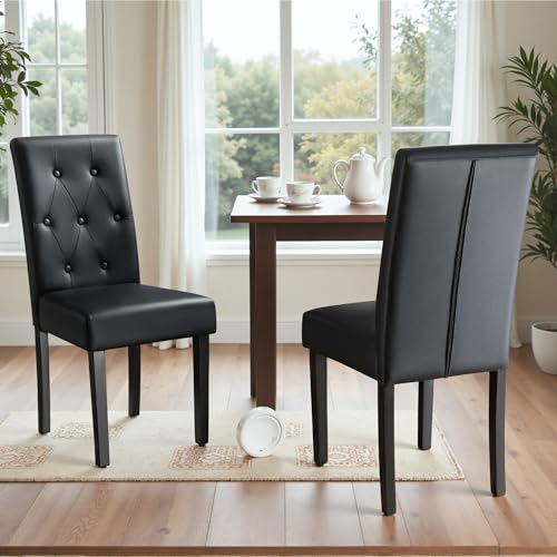 Image of Furmax Upholstered Dining Chairs Set of 2, PU Leather Dinning Room Chairs, Button Tufted Kitchen Chairs with Adjustable Wood Legs for Dining Room /Living Room /Restaurant (Leather Black, 2)