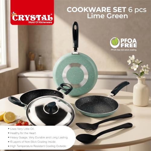 Image of Crystal Aluminum 6 Pcs Non Stick Cookware Set | Gas Stove Friendly | Tawa, Fry Pan, Kadhai with Lid, Laddle & Spatula | Durable 4 Layer Non Stick Coating | PFOA Free | Light Green