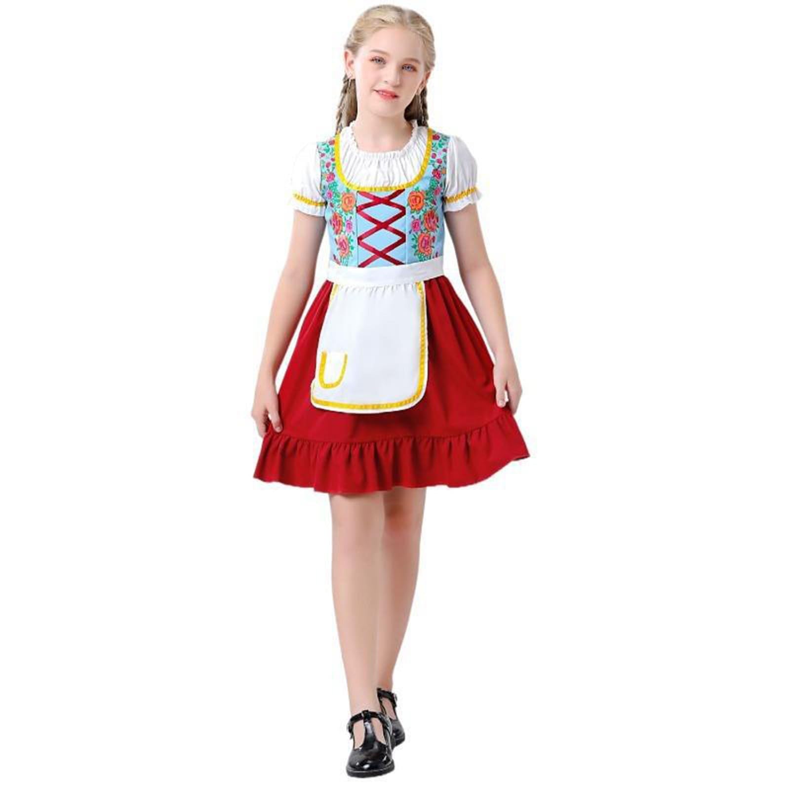 Generisch Traje para niña de manga corta y delantal, 2 piezas, longitud hasta la rodilla, Oktoberfest