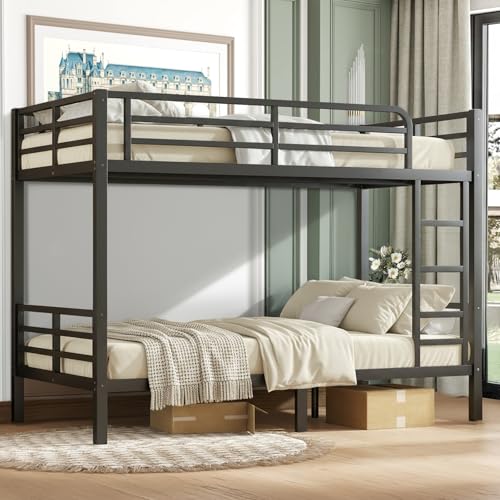 XUWANSHANG Twin XL Over Twin XL Bunk Bed Frame, Heavy Duty Metal Loft Bed for Adults/Teens, 350/500LB Capacity w/Ladder & Guardrail, Noise-Free Steel Slats, No Box Spring Required, Black