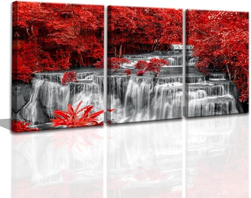 Yxbhhym Black White and Red Waterfall Canvas Wall Art Trees