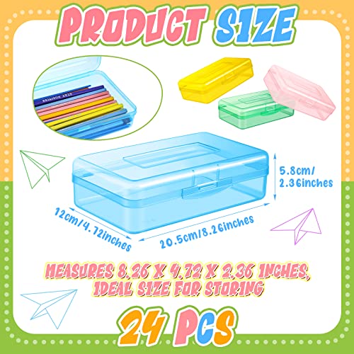 Image of Patelai 24 Pack Pencil Box for Kids 8.3x4.7x2.4 Plastic Clear Pencil Case Bulk Crayon Boxes with Snap Tight Lids for Classroom School Students (Colorful)