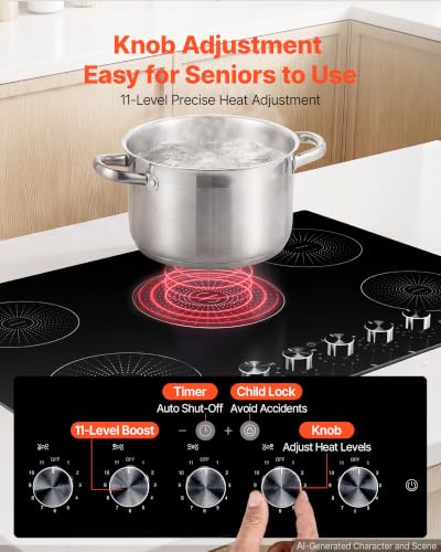 Image of VEVOR Induction Cooktop 30inch 5 Burners Built-in Electric Stove 220V 9200W, Induction Burner for Kitchen, with 11 Power Levels, Knob Control, Ceramic Glass Surface, Child Lock