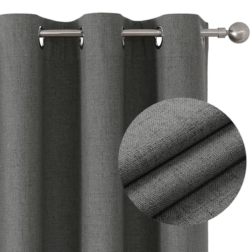 Joydeco 100% Grey Blackout Curtains Bedroom 90 Inch Drop, Faux Linen Soft Textured Thermal Insulated Eyelet Curtains with Coating Back Layer for Light Blocking Noise Reducing, W66 x L90-2 Panels