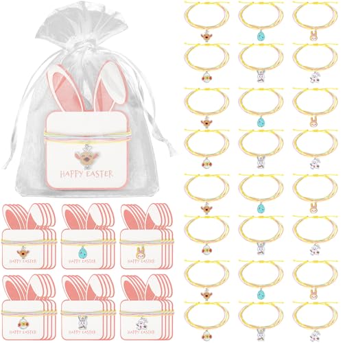 24 Sets Easter Bracelets with Cards, Happy Easter Gifts for Girls Women String Bracelets Bulk Cute Adjustable Bunny Egg Charm Bracelets for Teens Easter Basket Stuffers Jewelry
