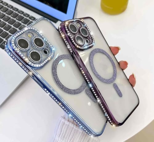 Image of Cute Compatible with iPhone 15 Diamond Glitter Case,Luxury Bling Rhinestone Soft Clear TPU Bumper Case,Compatible with MagSfe and Camera Lens Protection Cover for Women Girls (Blue)