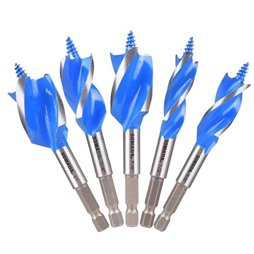 Somada Auger Drill Bit Set For Wood, 5-Piece, 1/2", 5/8", 3/4", 7/8" And 1" Inch Size, 4-Inch Long With Storage Case, Impact Wood Auger Set With Quick Change #TOP5