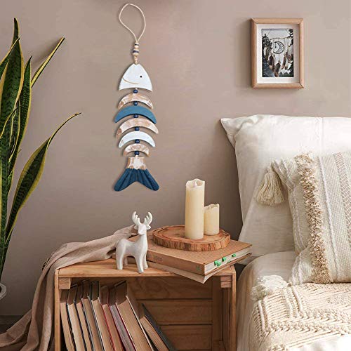 YiYa 24.4" Wooden Decor Fish Bones with Beads for Nautical Decoration, Wall Decor Door Hanging Ornament Beach Theme Garden Office Home Decoration(Blue) - Image 4