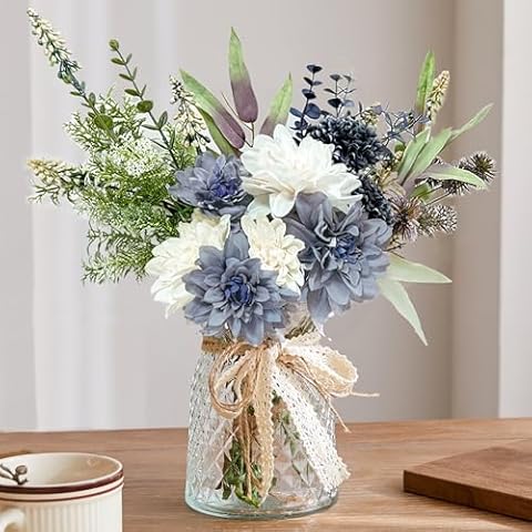 Aoztio Fake Flowers in Vase, Artificial Flowers Blue Faux Flowers for Vase, Fake Plants and Flowers with Vase for Farmhouse Decor, Coffee Table, Home Dining Table Centerpieces Decor - Blue White Cover