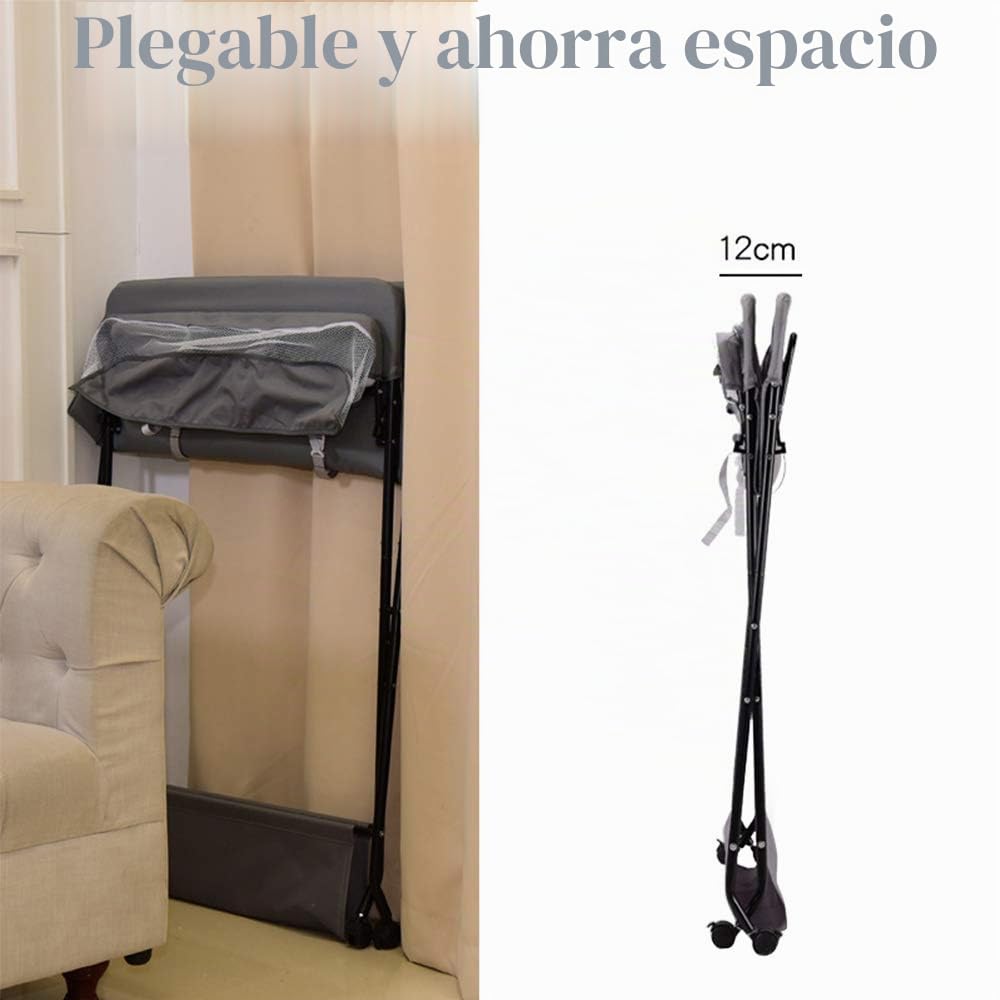 Cambiador de bebé plegable con bolsas de almacenamiento, móvil para bebés recién nacidos, mesa de masaje con ruedas que ahorra espacio (gris)