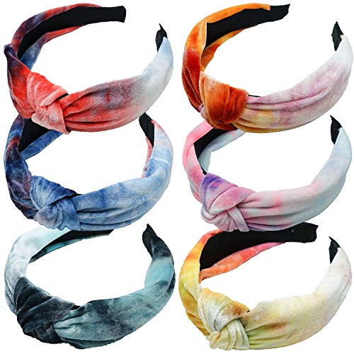 DeD 6 Pieces Velvet Knotted Headbands for Women Girls, Vintage Head Wrap Tie Dye Twisted Hair Hoop Hair Accessories