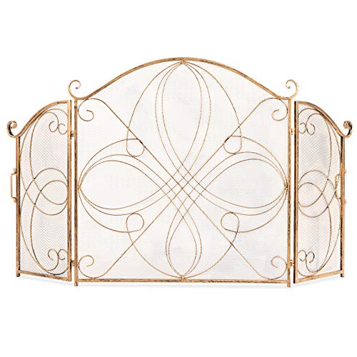 Best Choice Products 3-Panel 55x33in Solid Wrought Iron See-Through Metal Fireplace Screen, Spark Guard Safety Protector w/Decorative Scroll - Gold