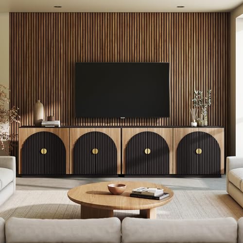 Image of BELLEZE Set of 2 Sideboard Buffet, 65'' Fluted Cabinet with Symmetrical Arc Door, Accent Large Console for Kitchen and Living Room (Camel)