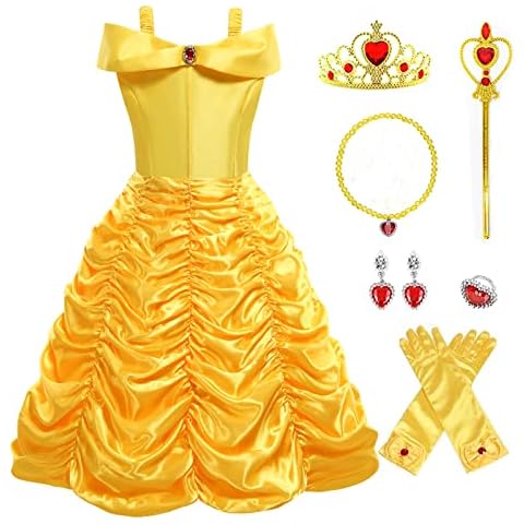 Foierp Princess Belle Costume Dress - Little Girls Layered Off-Shoulder Dresses Birthday Party Halloween Cosplay Dress with Crown Wand Gloves Necklace Ring Earrings Cover