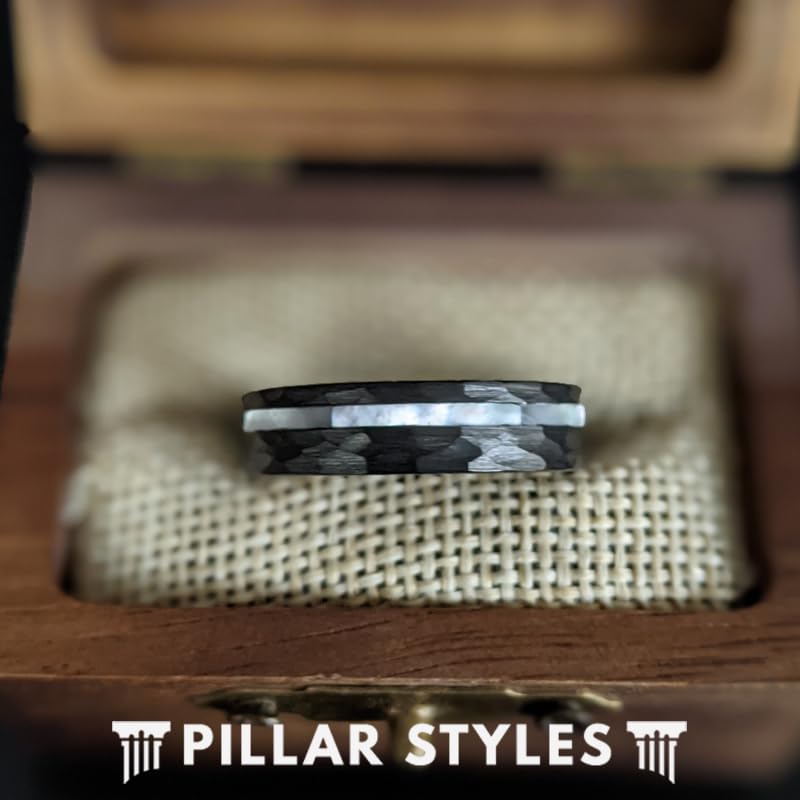 6mm Black Hammered Ring Mens Wedding Band Mother of Pearl Rings for Men Offset Pearl Inlay Tungsten Ring Unique Anniversary Gifts for Him Comfort Fit Sizing Couples Ring Set4