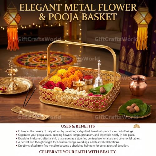 Image of Multipurpose Metal Basket For Gift Hamper, Pooja Temple Storage With Sturdy Handle, Decorative Flower Organizer & Versatile Puja Utility Accessories Home Decoration (Square 20.5cm)
