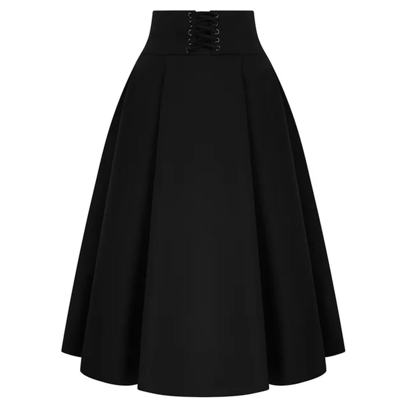 Jupe mi-longue évasée en satin ornée d'une ceinture en noir - Retro