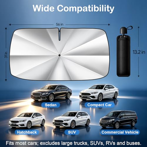 Image of Windshield Sun Shade Umbrella, Foldable Car Windshield Sun Shade Cover, 56 inch x 31 inch UV & Heat Insulation Car Sun Shade, Universal Fit for Sedans, SUVs & Trucks