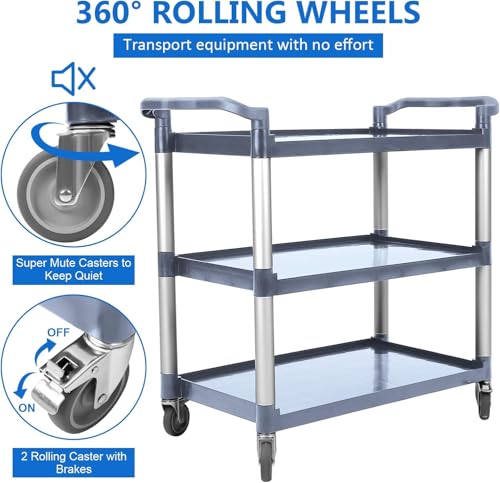 3-Tier Plastic Service Utility Cart with Wheels, Service Cart Heavy Duty 3-Shelf Rolling Utility/Push Cart, Food Service Cart for Foodservice/Commercial/Restaurant/Office/Kitchen/Hotel, Grey - Thumbnail 2