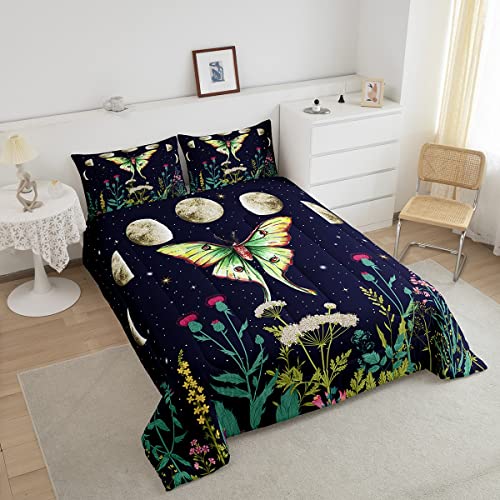 Death Moth Comforter Set Twin For Women Men Boys Gothic Decor Bedding Kids Girls Moth Skull Quilted Duvet Spring Summer Floral Botancial Moon Print Down Comforter Exotic Animal Moths Beddding #TOP2