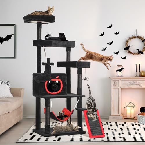 YITAHOME Árbol rascador Gothic XL, Grande, 160 cm de Alto, para Gatos Grandes, Estable con 4 columnas de sisal, 1 Tabla para rascar, 1 Hamaca, 2 Bolas Colgantes de araña, Plataformas de Cama de ataúd - imagen 3