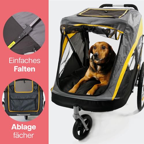 Großer Hundewagen - Innopet Hercules 2.0 Gelb/Grau - Heavy Duty Buggy Rahmen bis 50kg belastbar -inkl. Regenschutz - hintere 45cm Luftreifen/vorne pannensicheres EFA Rad - ohne Werkzeug aufzubauen