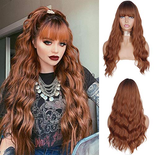MERISIHAIR Long Wavy Light Brown Wig with Bangs,Synthetic Dark Brown Wigs for Women,Heat Resistant Natural Looking Long Curly Brown Bangs Wig For Daily Cosplay Party Use(Light Brown