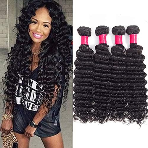 VRVOGUE 4 Bundles Long Weave Brazilian Deep Wave Virgin Hair Bundles (20" 20" 20" 20"- Natural Black-400g/Lot) 100% Unprocessed Virgin Brazilian Human Weave Hair Bundles Extensions