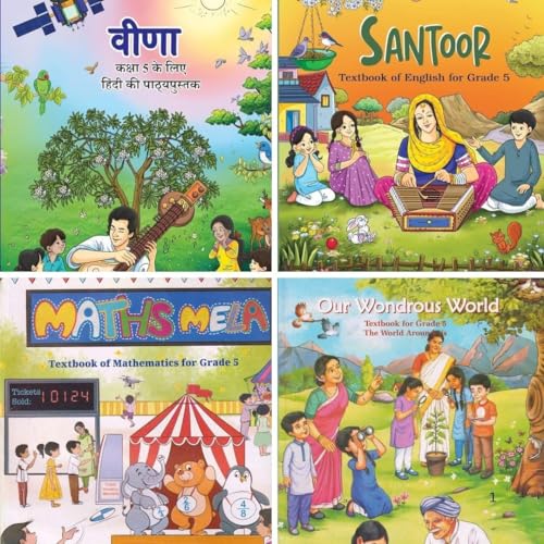 Image of NCERT Class 5 Textbook Set (Pack of 4) - Veena, Santoor, Maths Mela & Our Wondrous World | 2025-26 Edition | Hindi, English, Maths & EVS Books for Class 5 | Updated Curriculum