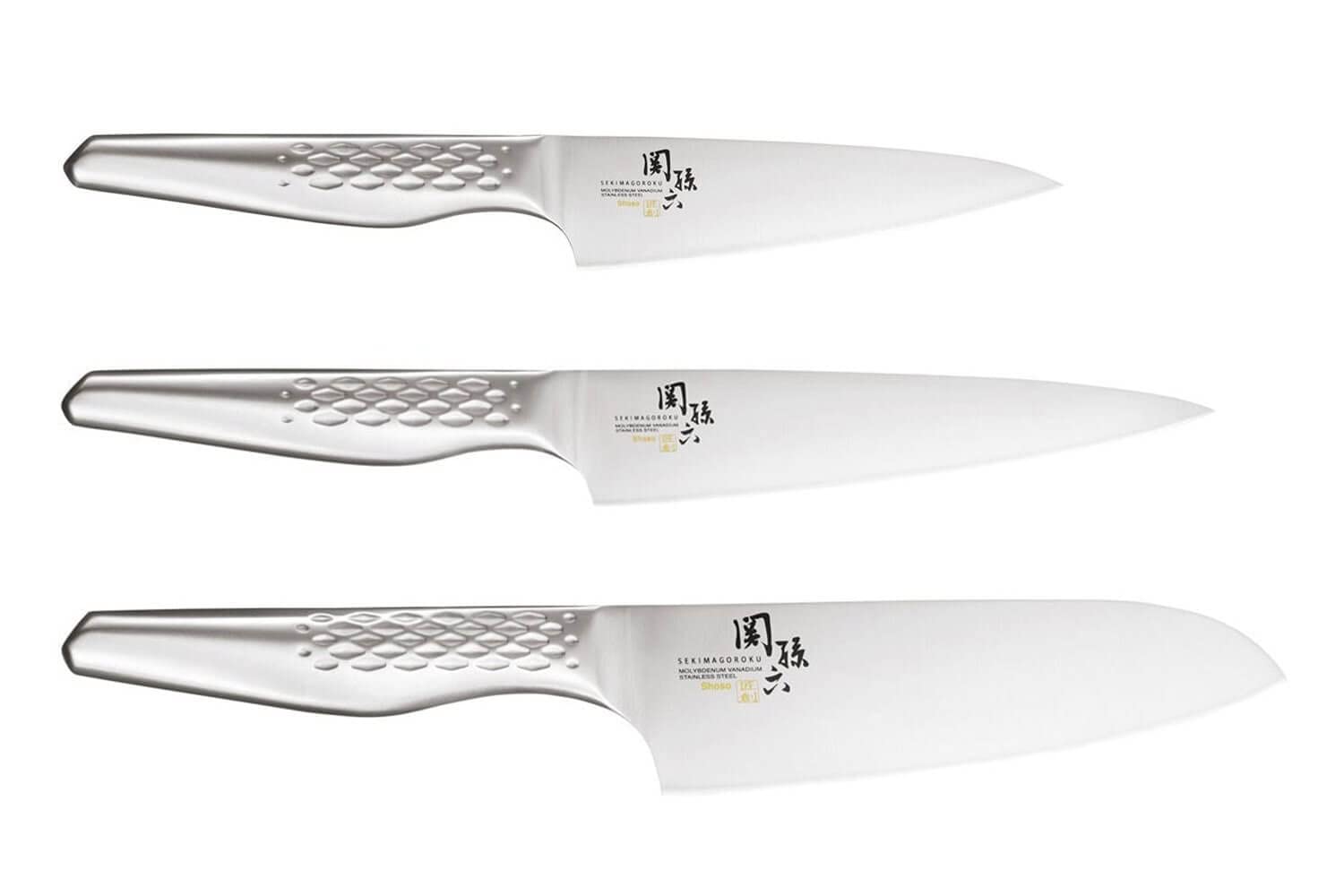 KAI Seki Magoroku Shoso Messer 3er Set - Allzweckmesser 12 cm, Allzweckmesser 15 cm, Santoku 16,5 cm - 5CR15MoV Stahl 56 (±1) HRC - 18-8 Edelstahl Griff Rautenmuster - Made in Japan