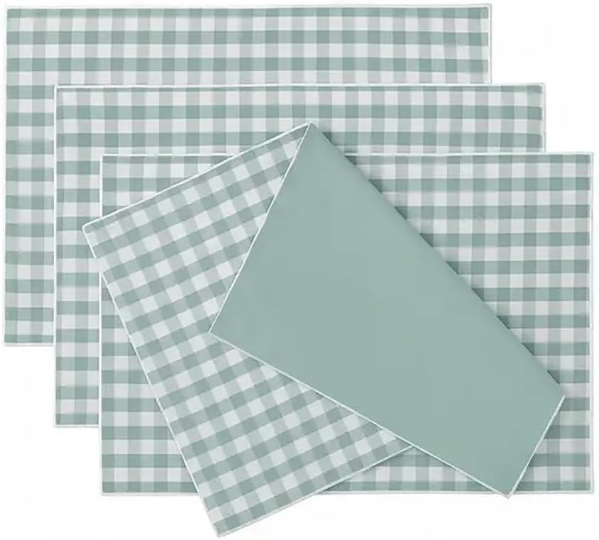 Fennco Styles Handmade Checkered Reversible Placemats 14" W x 20" L, Set of 4 - Sage Checked Farmhouse Table Mats for Dining Table, Banquets, Family Gathering and Special Occasion