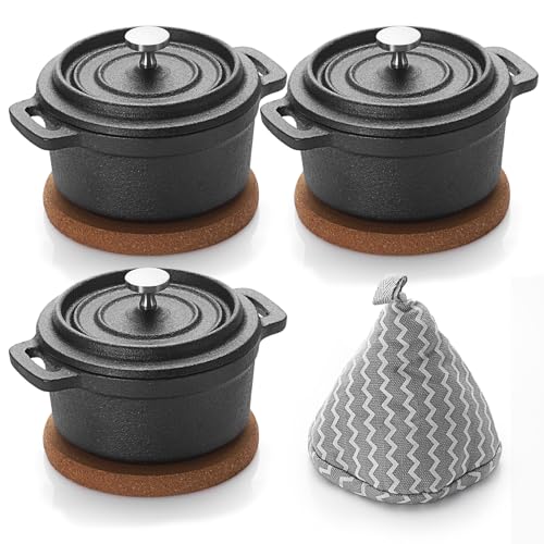 SUMNACON 3 Pcs Cast Iron Mini Dutch Oven Pots, 8 oz Mini Cocotte Pan Kitchen Garlic Roaster Pot Small Round Oven Pot with Lid and Cork Pan Mat for Family Party Picnic