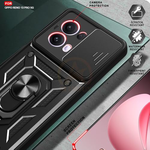 Image of Armor Bumper Back Cover Case for Oppo Reno 13 Pro 5G Rotating Camera Cover, Ring Holder & Kickstand | Heavy Duty & 360 Degree Protection Oppo Reno 13 Pro 5G Back Cover (Black)