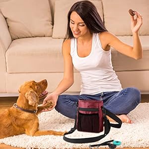   Dog-Clicker-Training-Kit-1-Dog-Treat-Training-Pouch-and-2-Pieces-Pet-Training-Clicker-with-Wrist-Strap-Built-in-Poop-Bag-Dispenser-Easily-Carrying-Pet-Toys-Treats-Wine-Red-Solid-Pattern