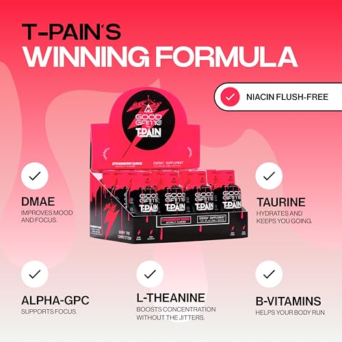 Image of Nappy Boy Dranks Good Game by T-Pain Energy Shot, 2oz (12 Pack), Sugar-Free, Zero Calorie Focus Drink with 200mg Caffeine and B-Vitamins (B3, B6, B12) - Clean, No-Crash Energy Boost, Strawberry Surge
