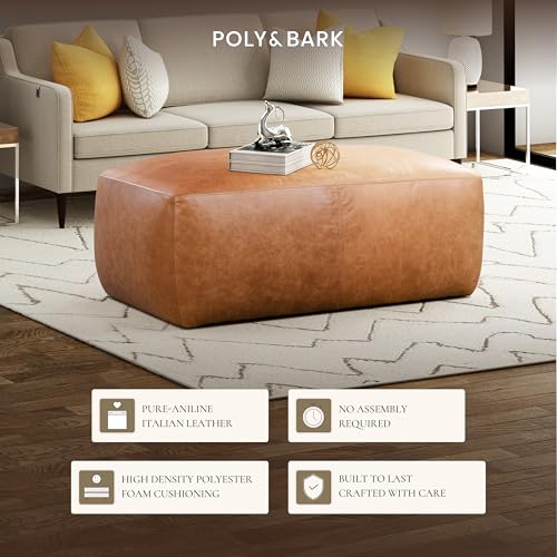 Image of POLY & BARK Denver Ottoman - 43 inch Large Pouf with Feather-Down Topper - Full-Grain Leather Upholstered Pouf Ottoman for Living Room - Vintage Italian Leather in Cognac Tan