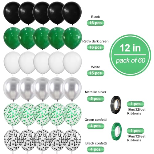 Image of Dark Green Balloons Set, 60 PCs Green Black Party Balloons, Confetti & Metallic Silver Latex for Helium, Boys' Video Game Football Theme Decor