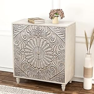 HOMPUS Accent Cabinet with Doors and ShelfRustic Boho Decorative Cabinet with Wood Grain FinishBuffet Sideboard Storage Cabinet with Flower Pattern DoorsFarmhouse Cabinet for Living RoomEntryway